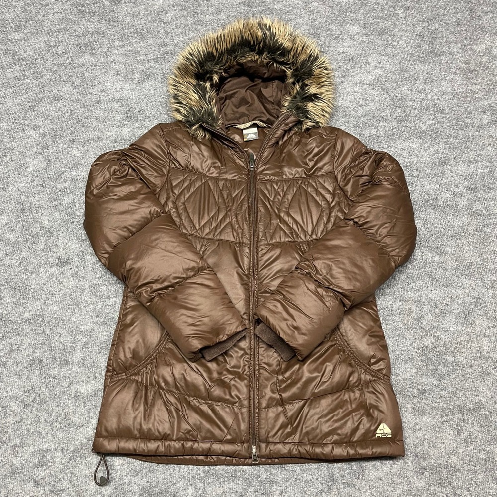 Nike ACG Puffer Jacket Medium Womens Brown Faux Fur Hood Parka 550 Down Fill